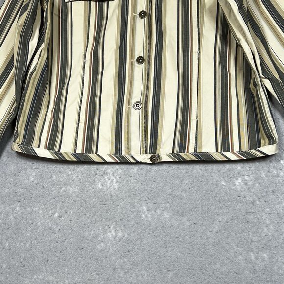 Liz Claiborne Striped Jean Jacket Large Beige Tan Gray Unlined Yoke Pockets - Picture 4 of 13